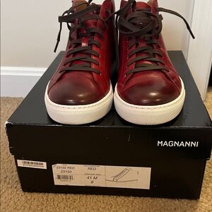 Magnanni Men's Red Leather High-Top Sneakers with White Sole